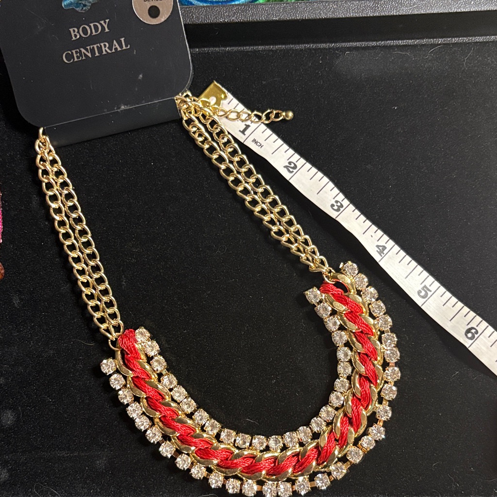 Body Central Gold Necklace With Red Braided Detail And Clear Crystals